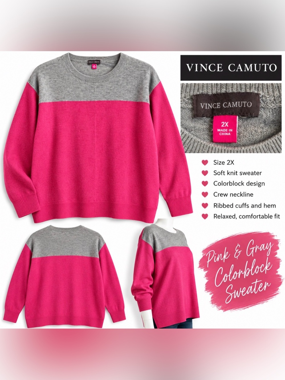 Vince Camuto Hot Pink and Gray Colorblock Crewneck Sweater